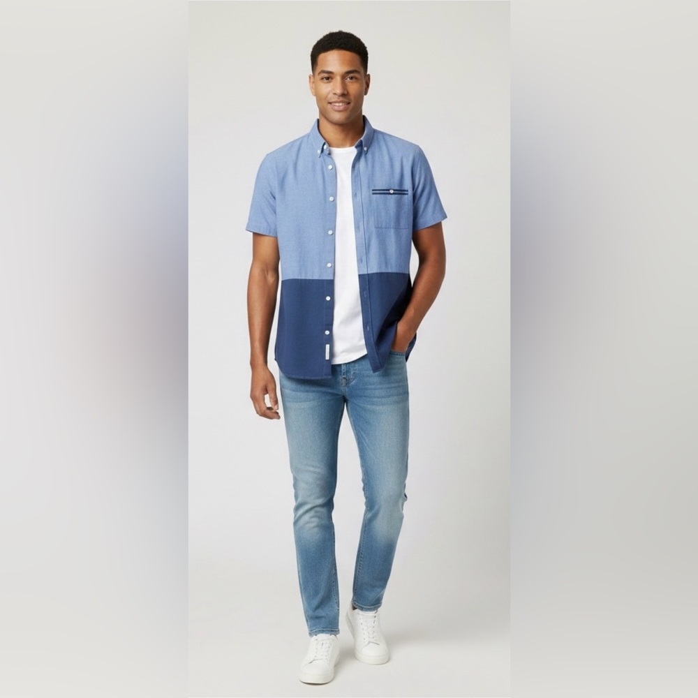 Native Youth Blue Color Block Botton Down Short Sleeve Shirt, Size Med